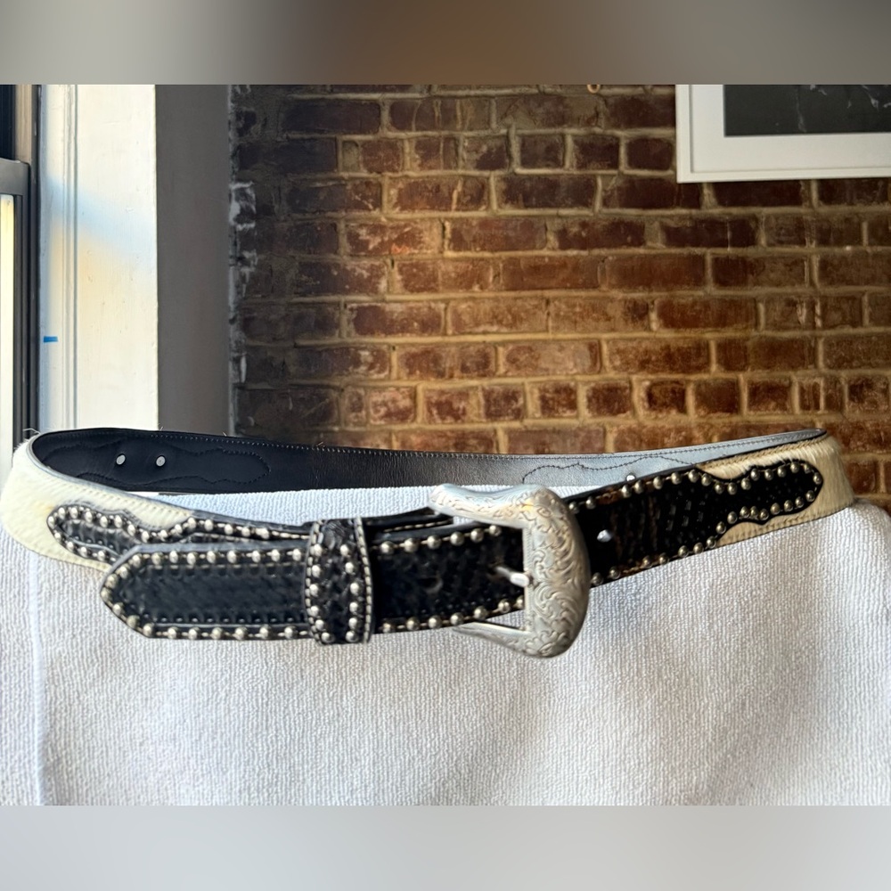 Nocona Belt Co Unisex Two-Tone Calf Hair Leather Studded Western Belt Sz 42 $250